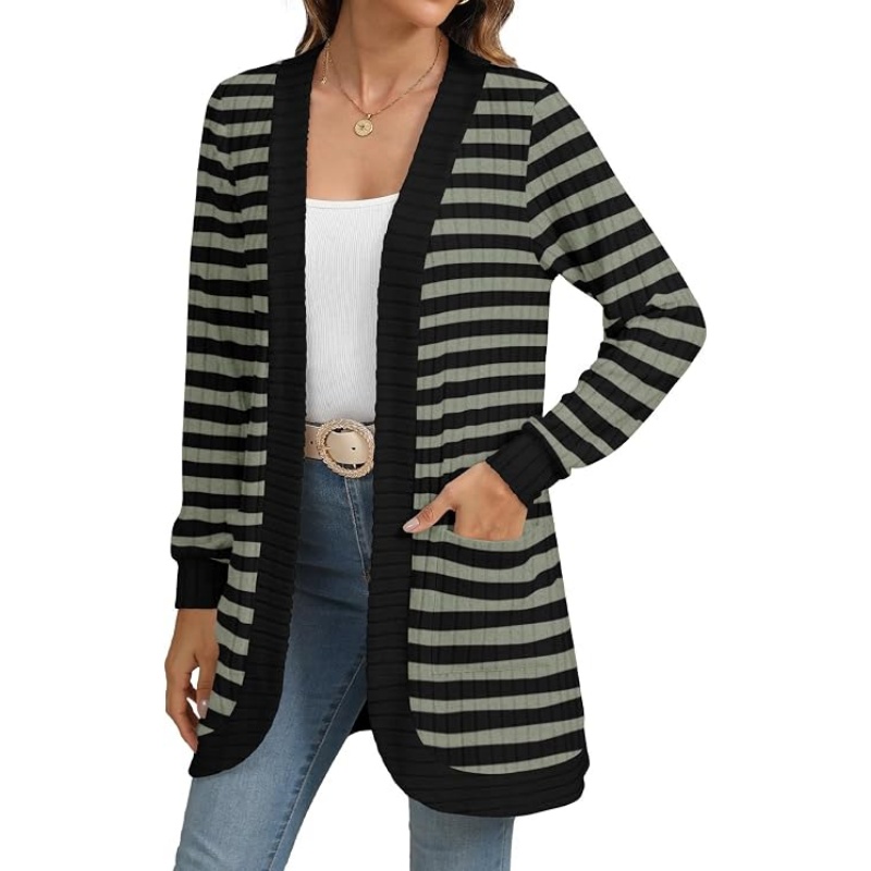 Women Striped Ribbed Knit Cardigan Open Front Long Sleeve Mid‑Length Casual Sweater Cardigan with Side Pockets