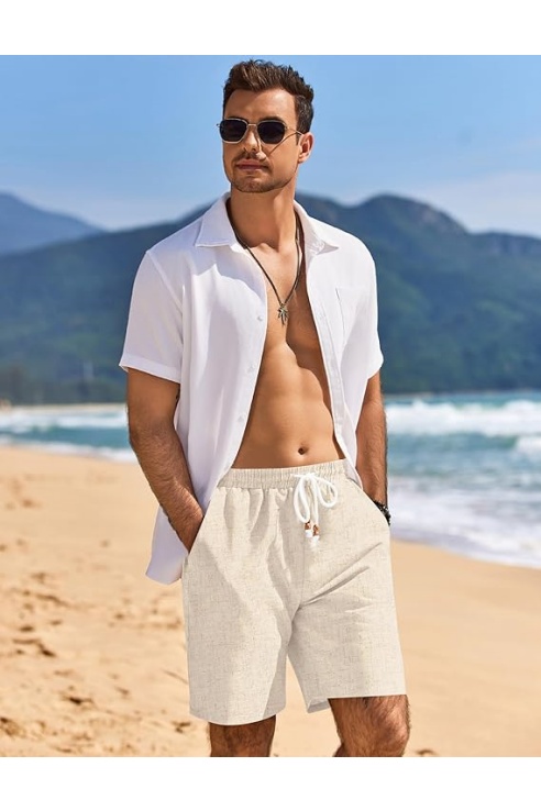 Mens Linen Shorts Casual Drawstring
