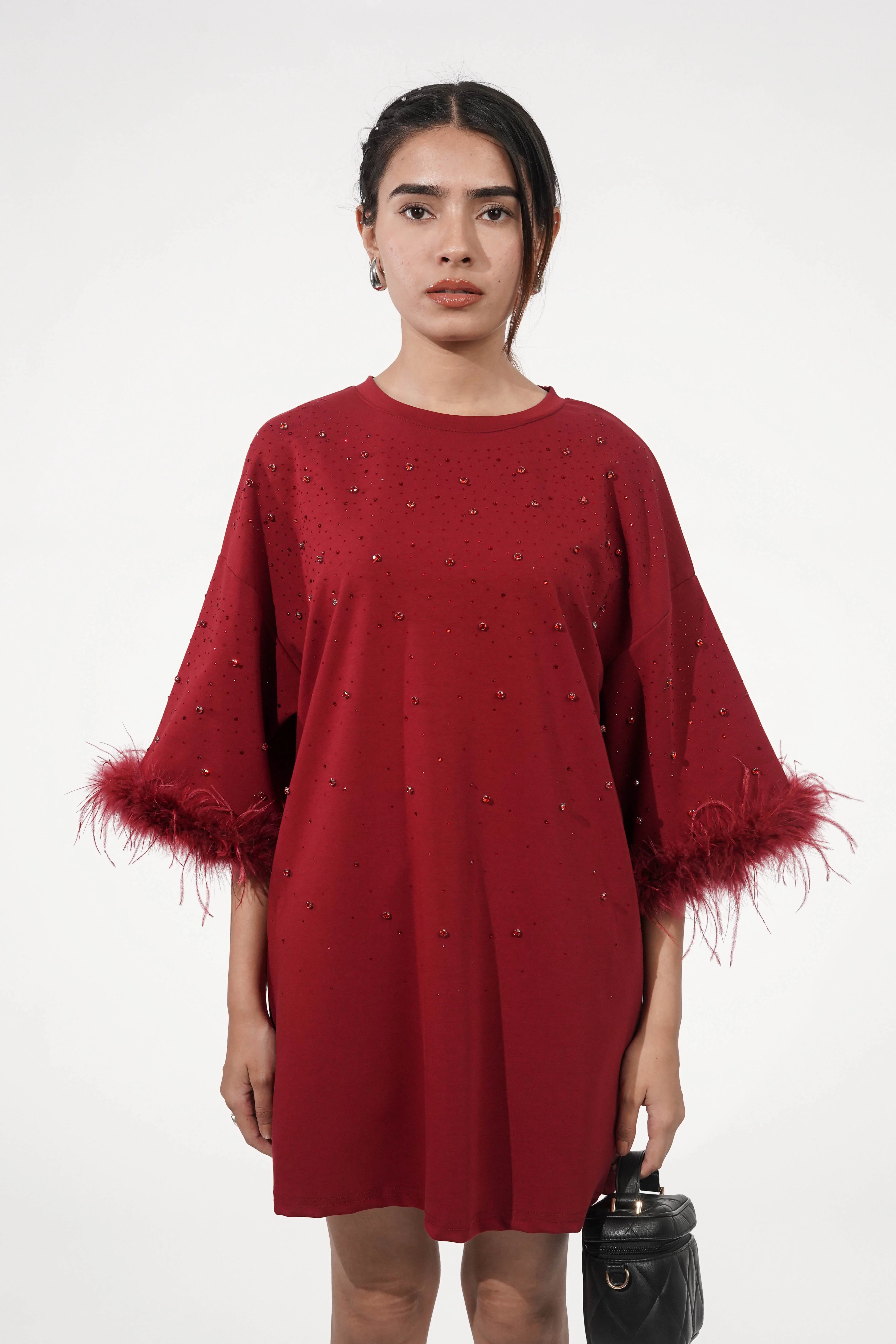Amy Dark Red Feather Detail T-shirt