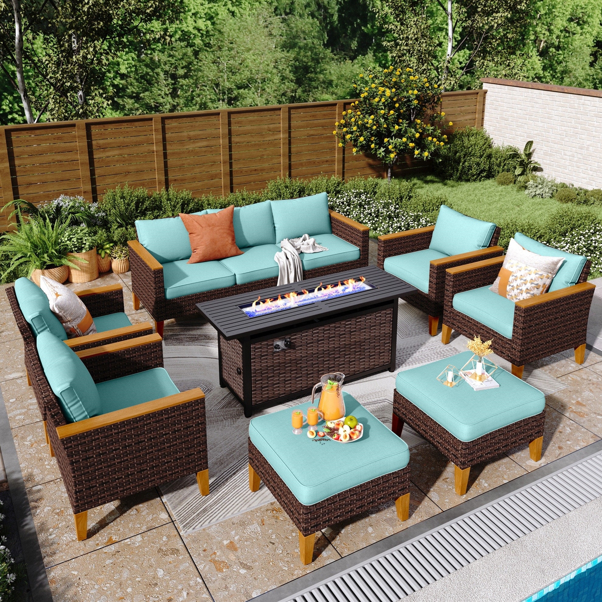 8-Piece Patio Outdoor Wicker Sectional Sofa Set, Large Seating Furniture Conversation Sets with Fire Pit Table