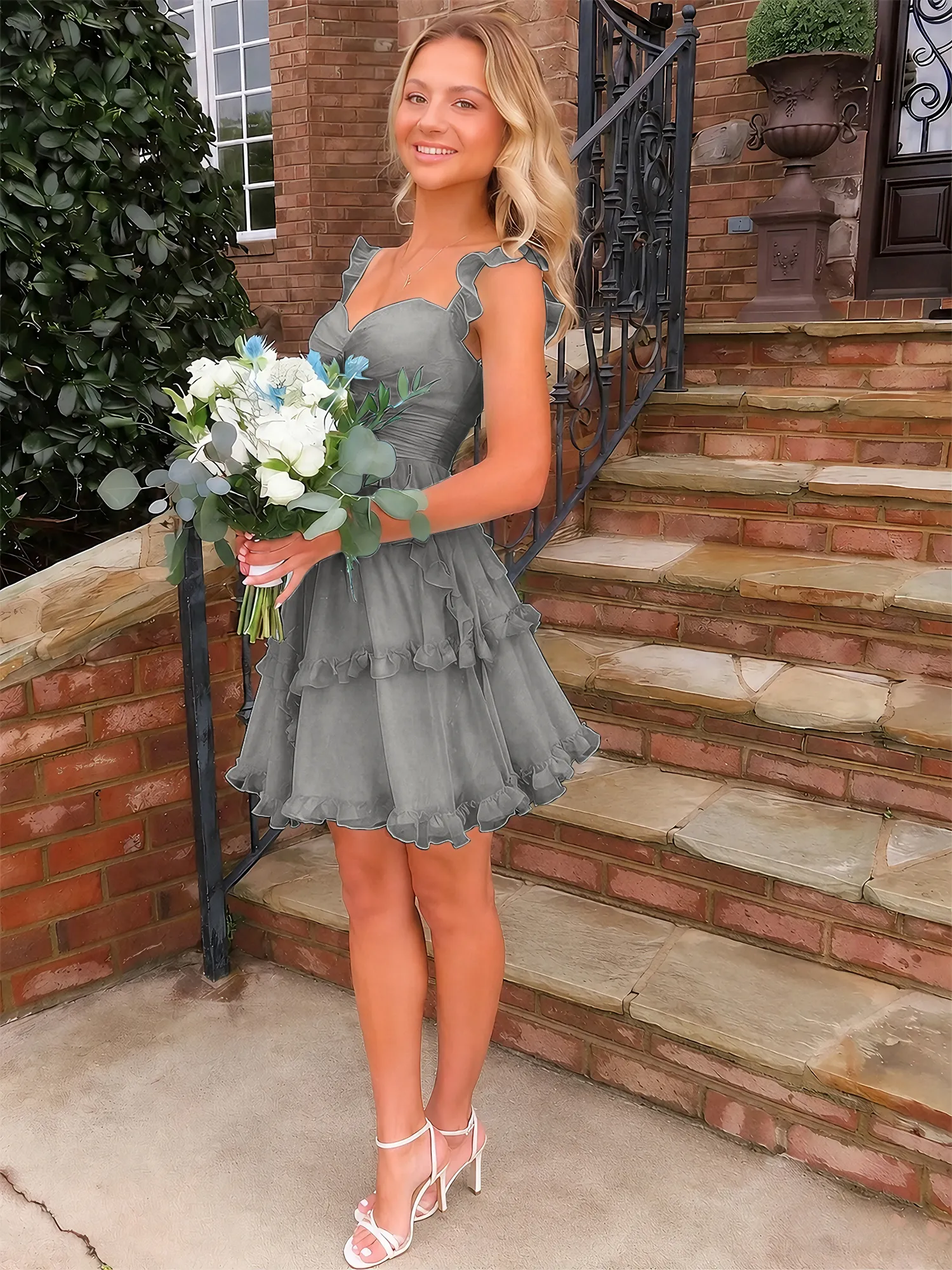 Sweetheart Ruffle Strap Tiered Chiffon Mini Homecoming Dress