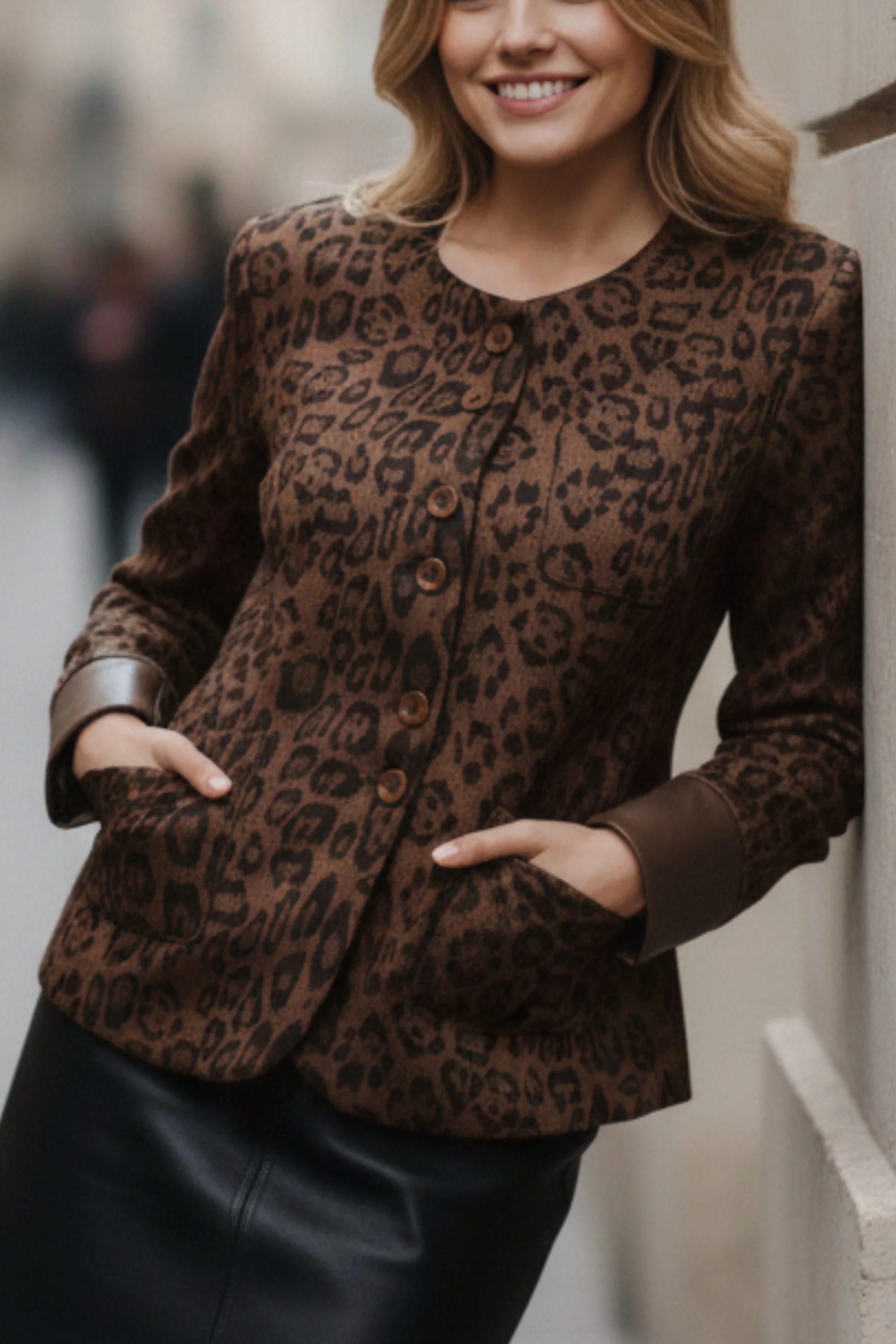 Suede Blazer With Leather Cuff Sleeve