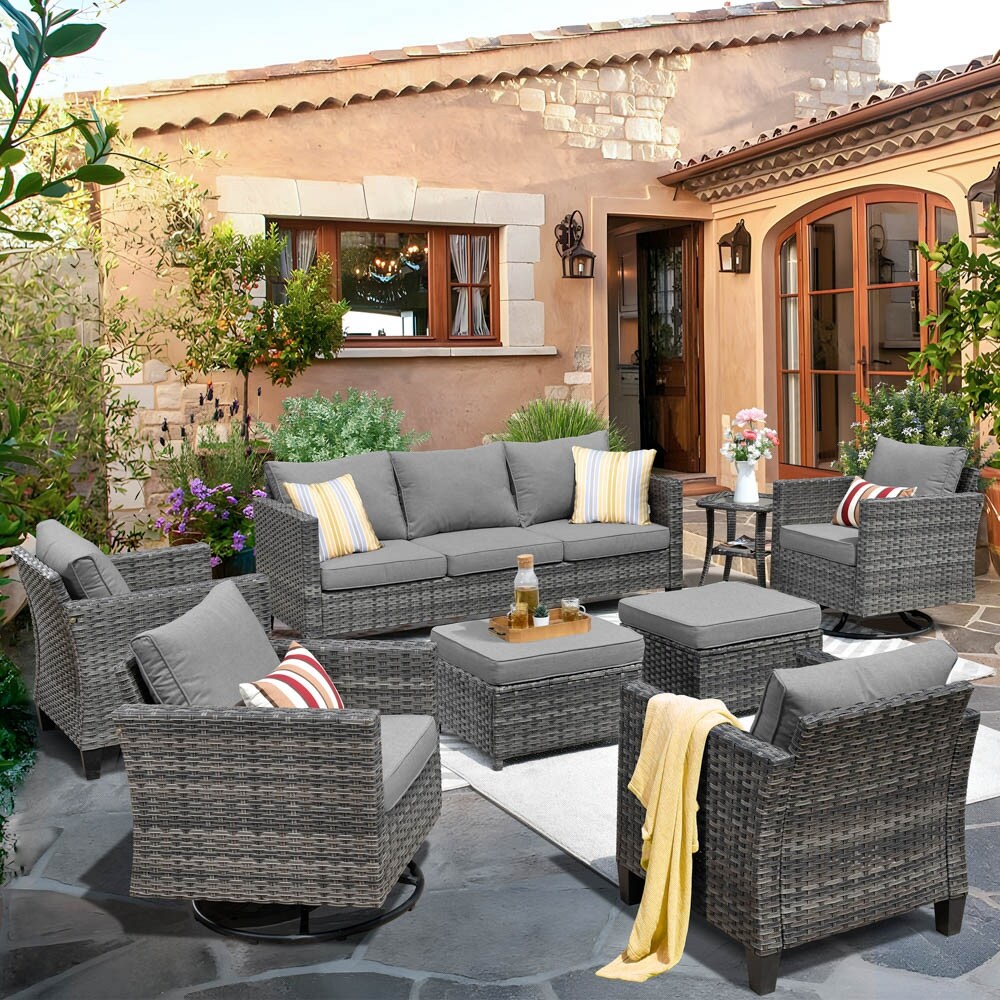 OVIOS 8-piece Patio Wicker Conversation Furniture Set with Swivel Chairs