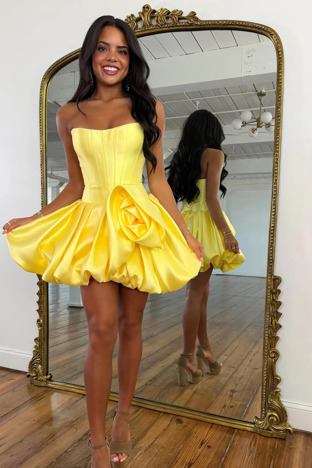 Stunning A Line Strapless Yellow Satin Short Homecoming Dress