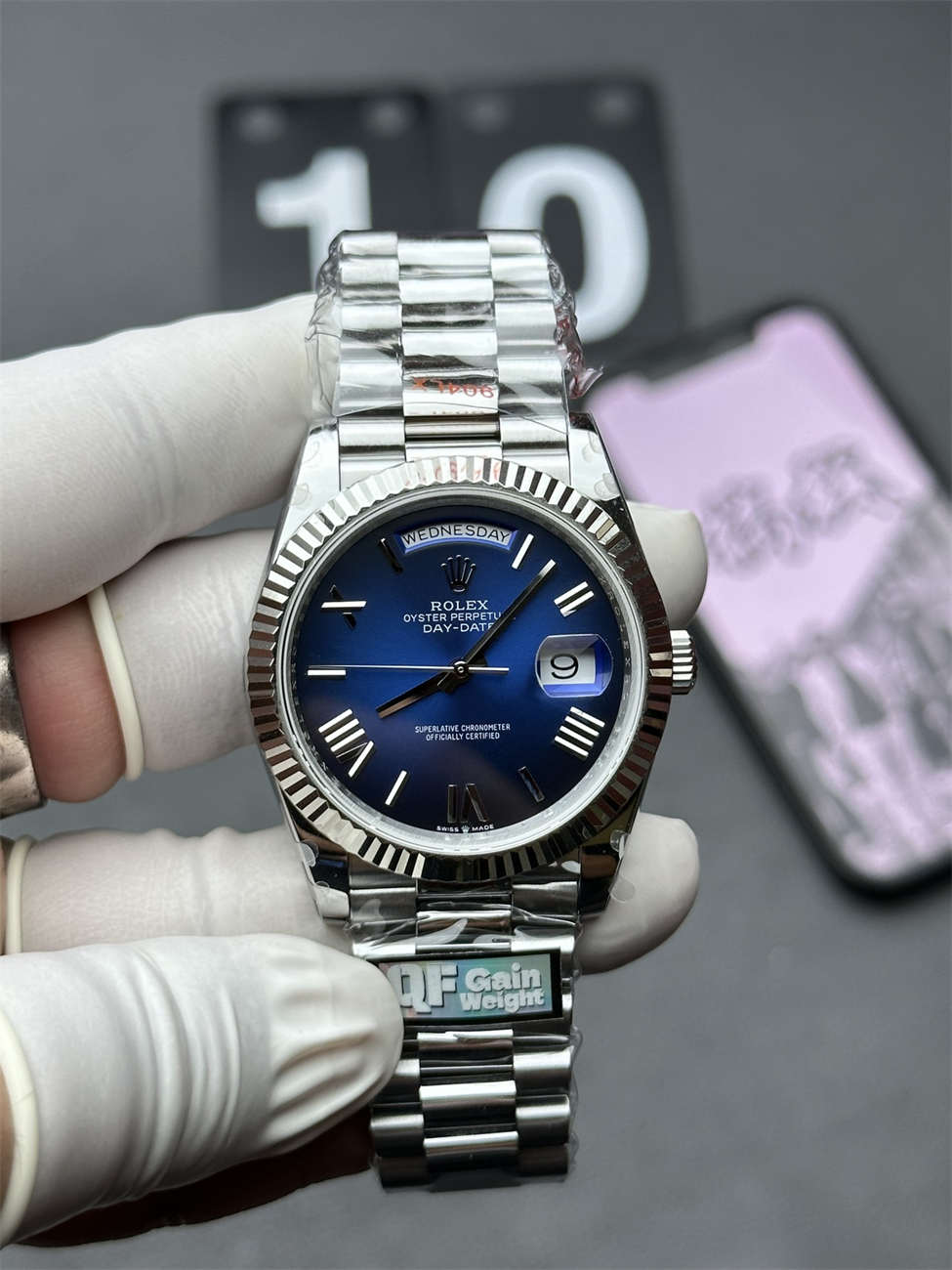 Rolex Day-Date 36 White Gold Replica (QF Factory) – 158g Tungsten Blue Ombré