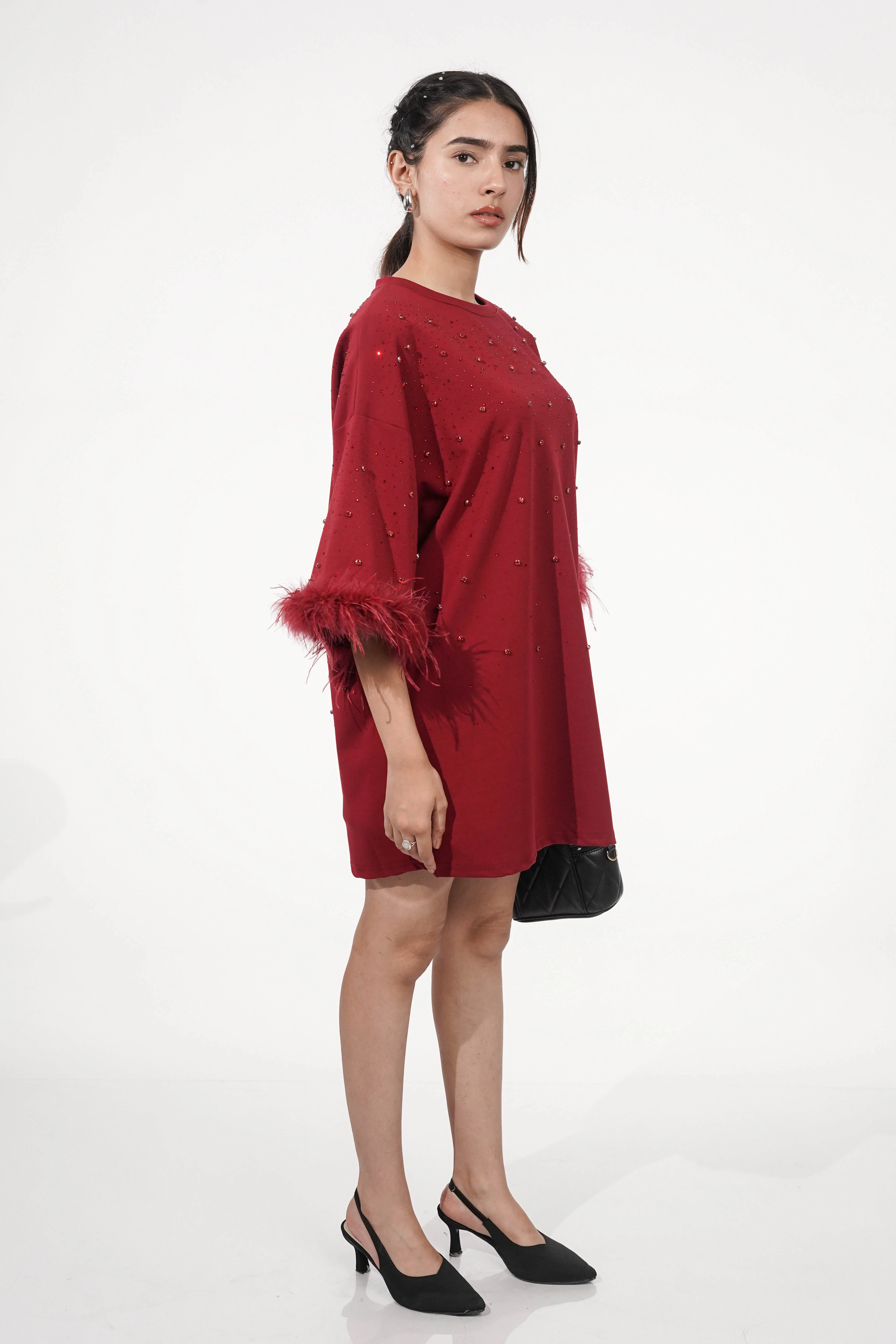 Amy Dark Red Feather Detail T-shirt