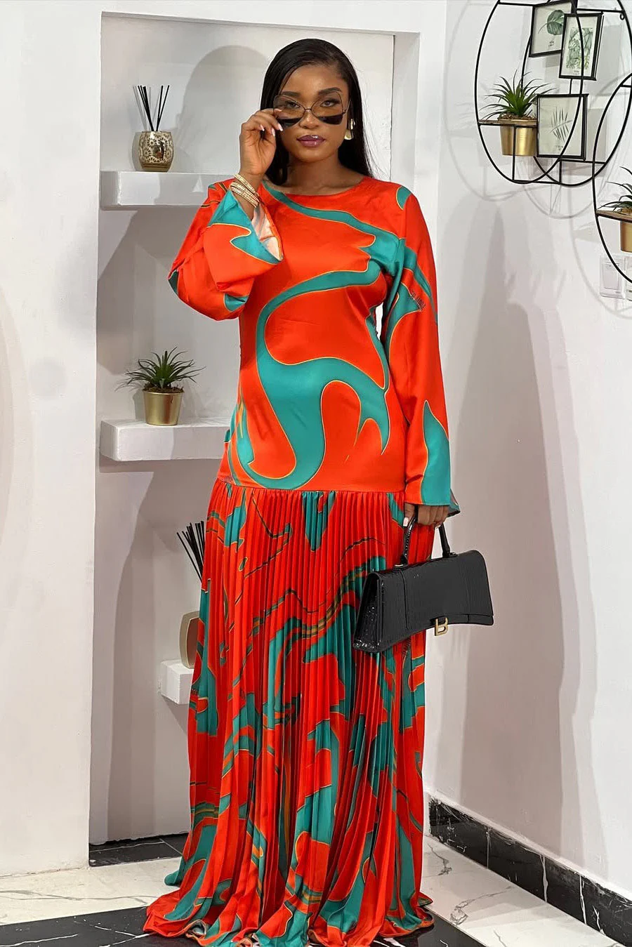 Tropical Wave Pleated Maxi Dress
