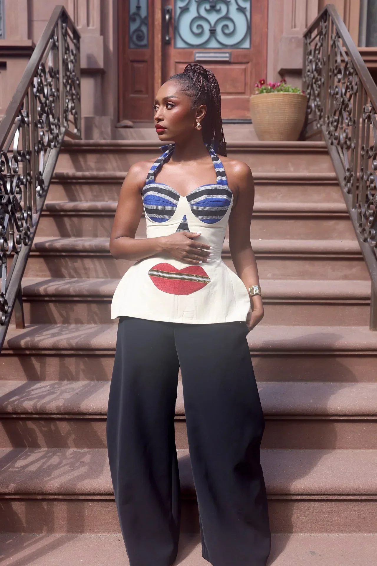 Abstract Face Motif Halter Bustier Top