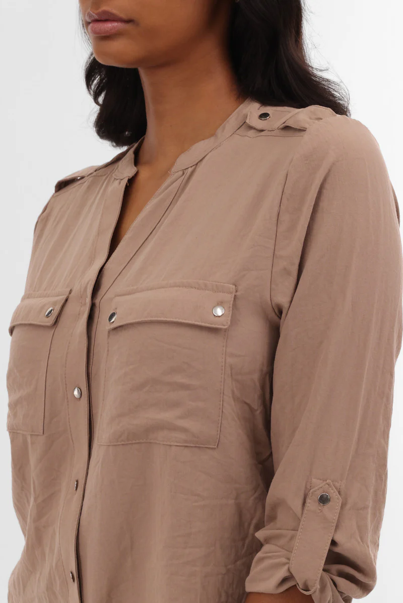 Roll Up Sleeve Utility Pocket Blouse - Taupe