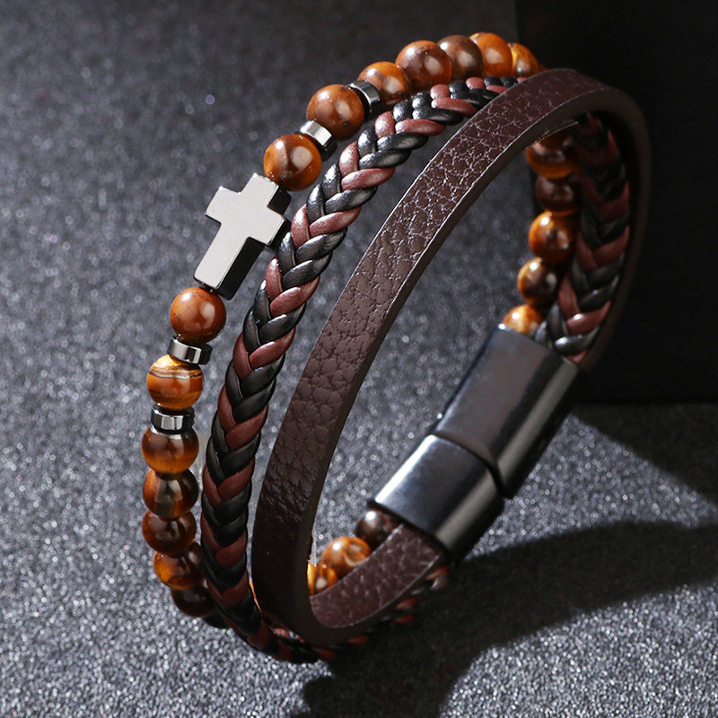 Men's Multi Layer Braided Cross PU Leather Bead Bracelet