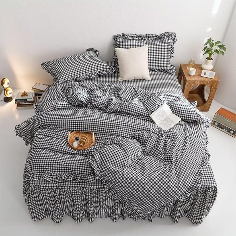 Black White Gingham Ruffle Duvet Cover Queen