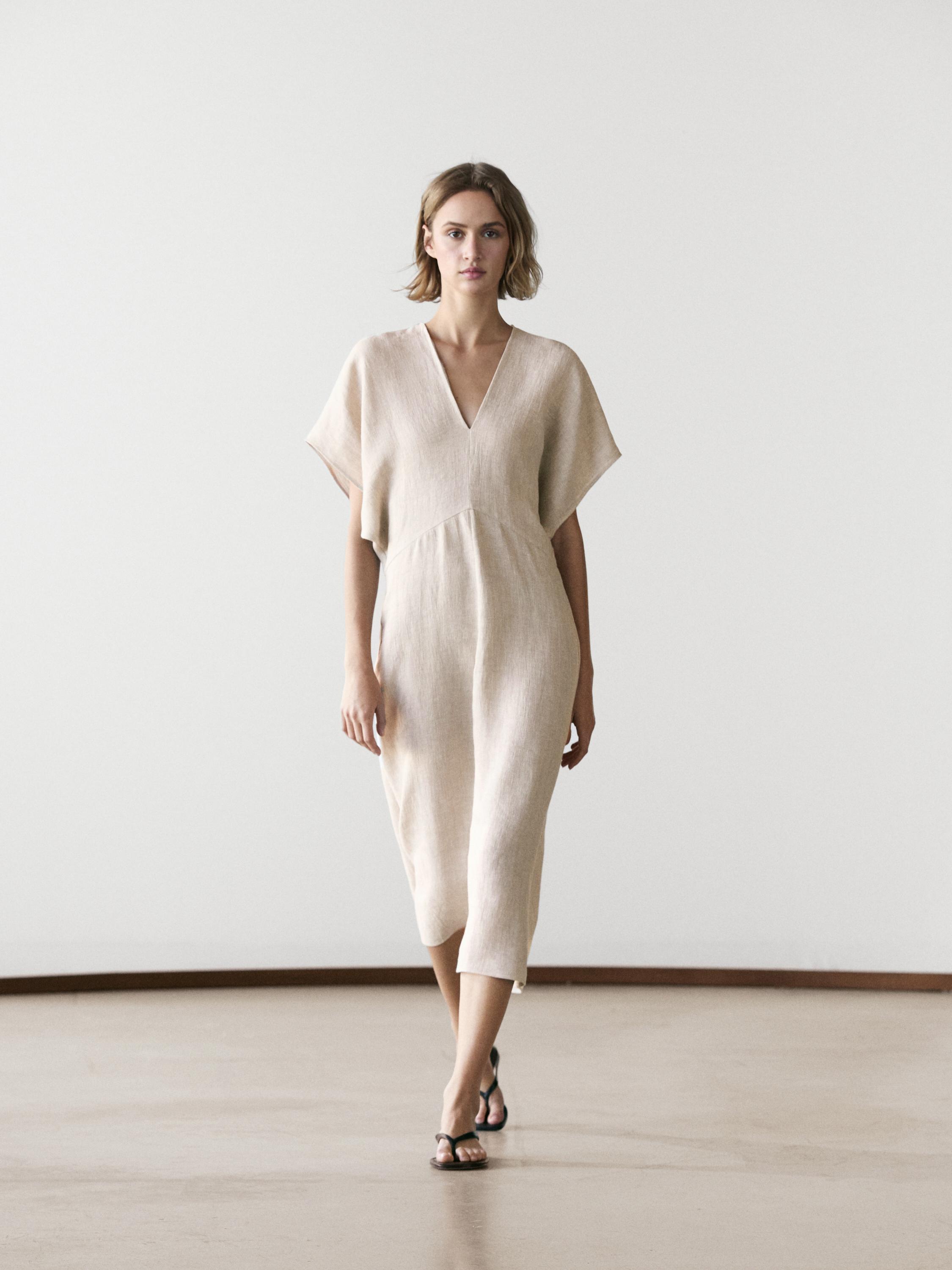 Vestido midi ligero manga corta lino