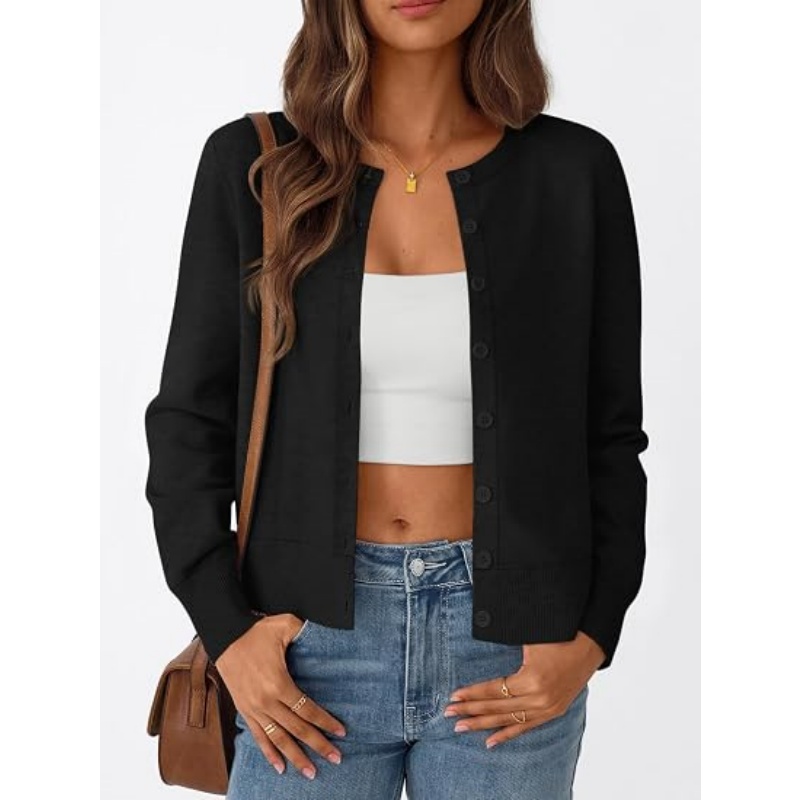 Women's Lightweight Crew Neck Knit Cardigan Long Sleeve Button Down Cropped Knit Outerwear