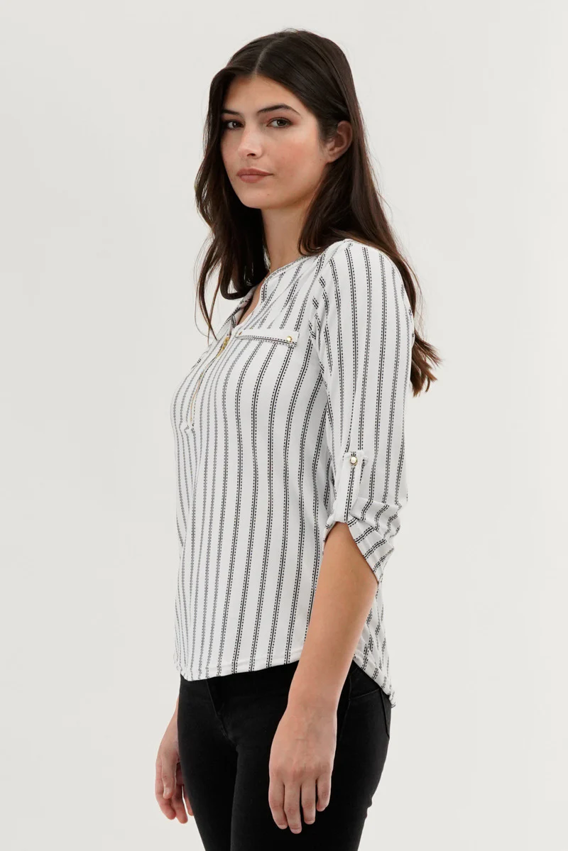 Patterned 1/4 Zip Blouse - White