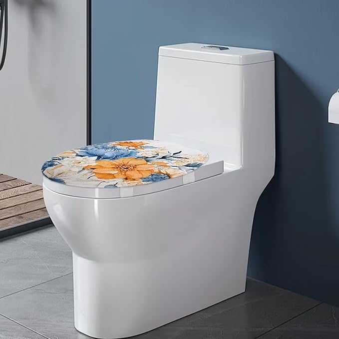 BATHLOOP Orange Blue Peony Flower Toilet Lid Covers Elongated Toilet Seat Lid Cover Universal Toilet Seat Cover