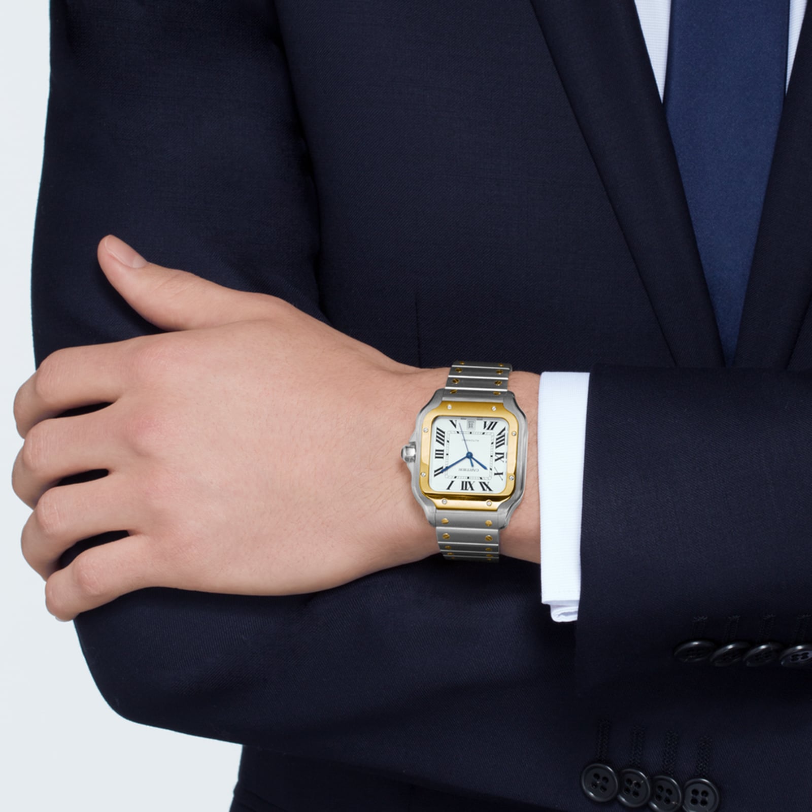 Cartier Santos De Cartier Watch Large Model, Automatic Movement, Yellow Gold, Steel, Interchangeable Metal And Leather Bracelets-P17310957