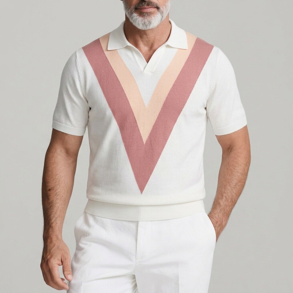 Men's Casual Contrast V Stripes Short Sleeve Knit Polo Shirt