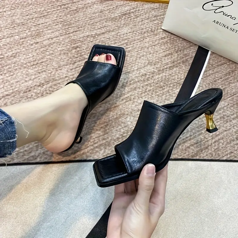 Square-Toe Stiletto Heel Sandals – Slip-On Mid Heel Synthetic Cover Black Dress Shoes for Summer Fashion