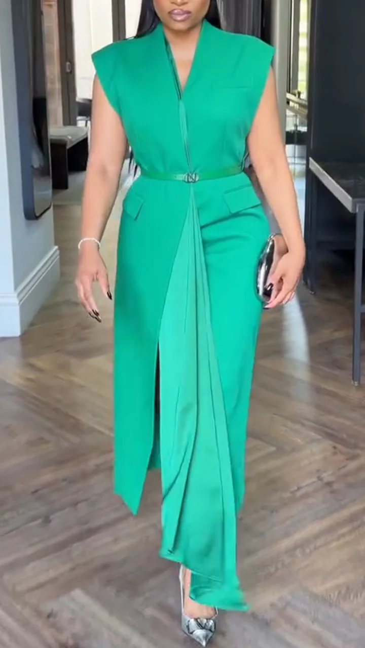 Women V-neck Solid Color Casual Dress with Temperament