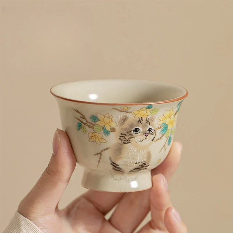 Cute Cat Yellow Flowers Rabbit Teacup Kung Fu Tea Cup