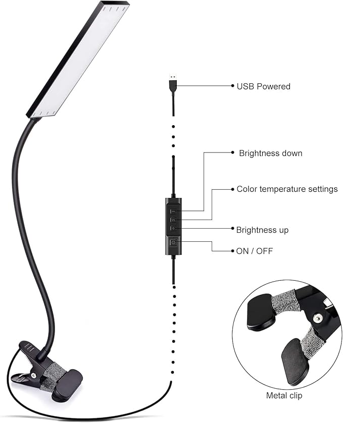 Clip on Light LED Desk Lamp with Eye-Caring LED Light and Metal Clip