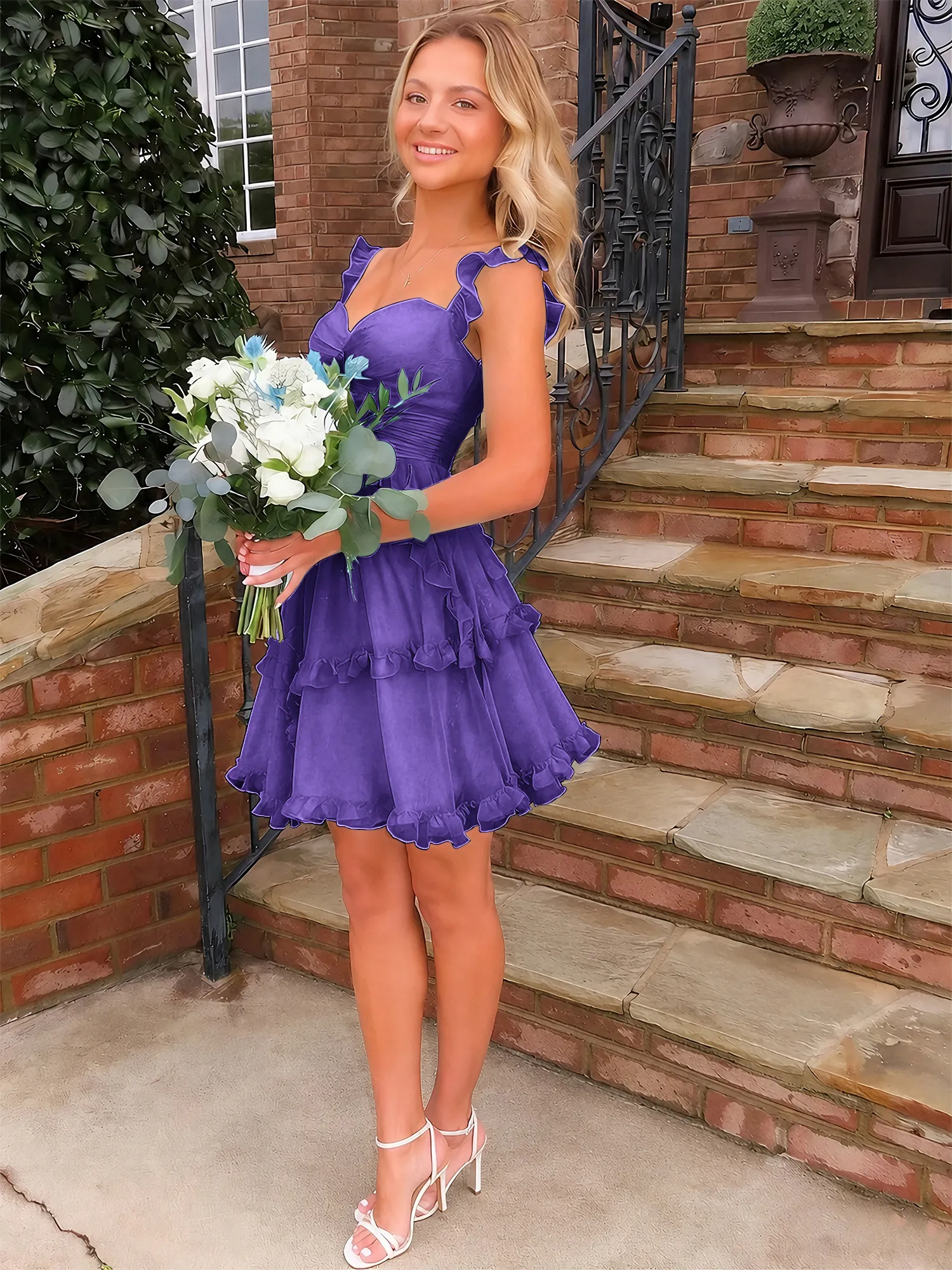 Sweetheart Ruffle Strap Tiered Chiffon Mini Homecoming Dress