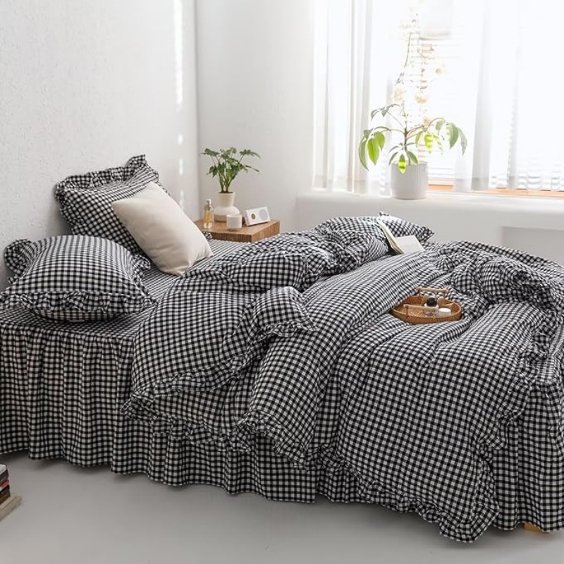 Black White Gingham Ruffle Duvet Cover Queen