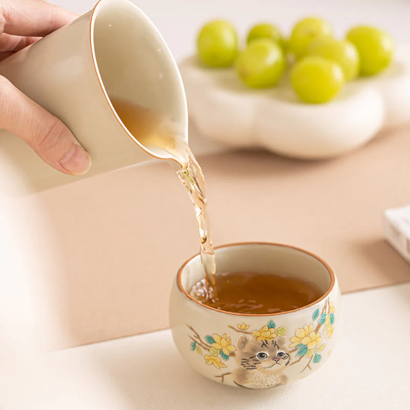 Cute Cat Yellow Flowers Rabbit Teacup Kung Fu Tea Cup