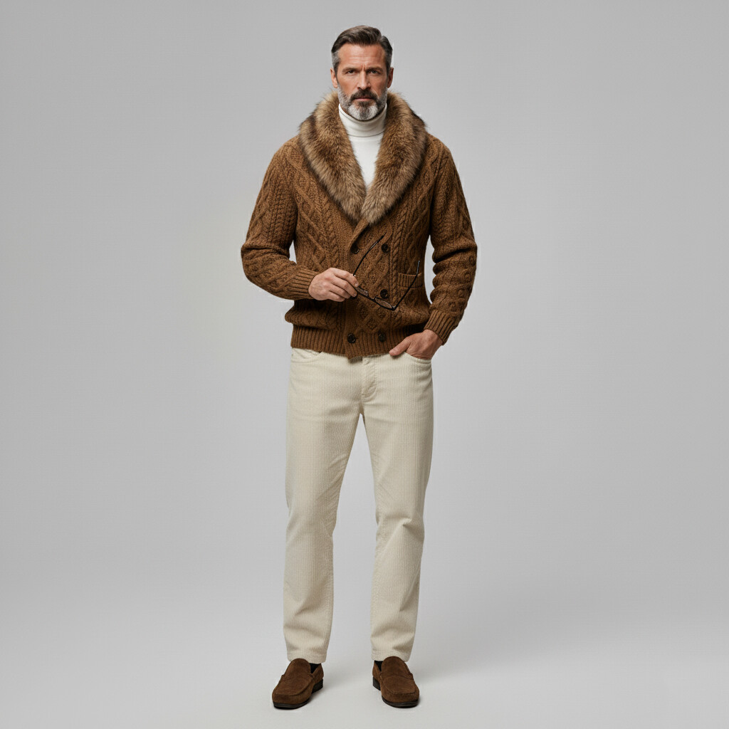 Men's Brown Fur Collar Double Breasted Long Sleeve Patch Pocket Cable Knit Sweater Cardigan