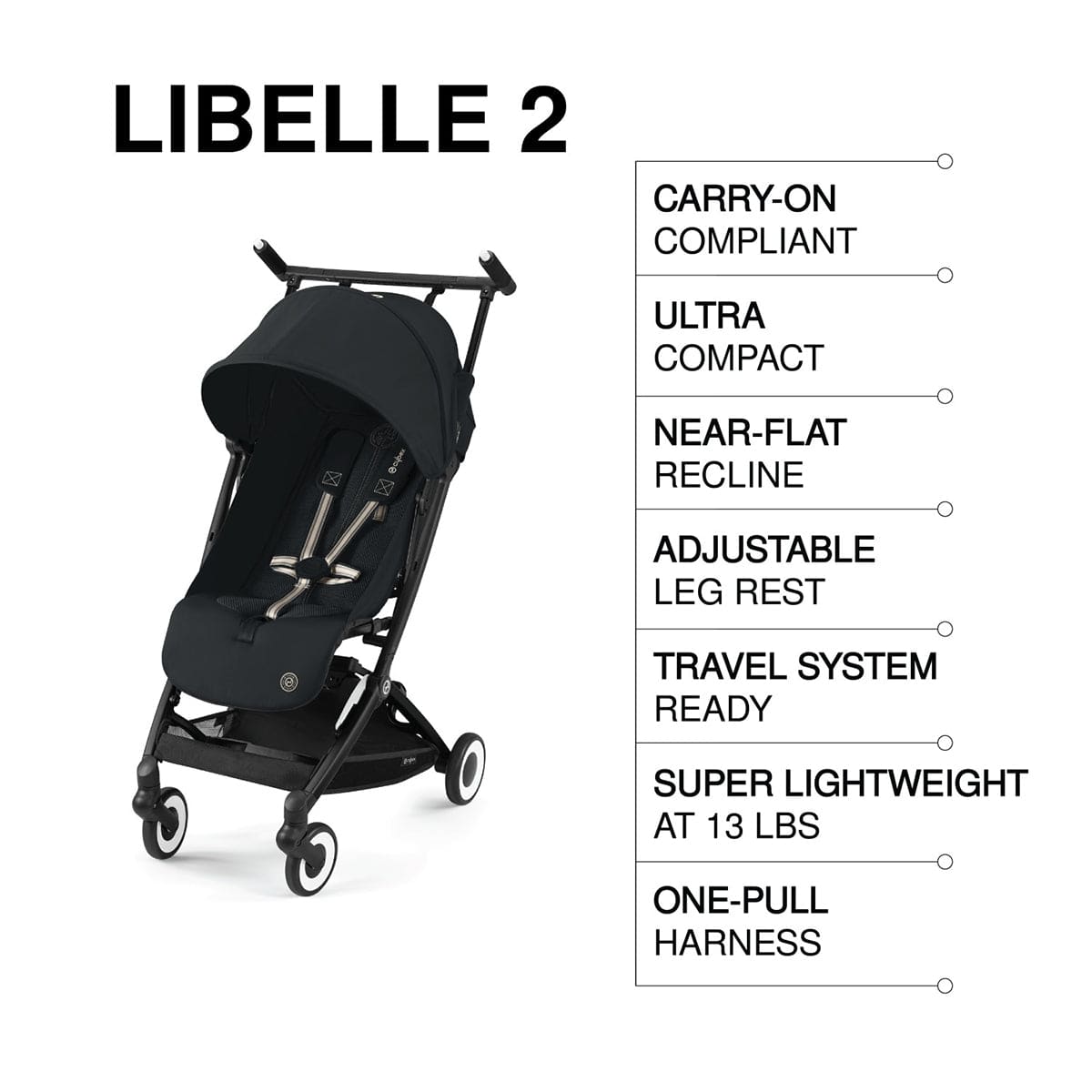Cybex Libelle 2 Compact Stroller (with 1 Pull Harness) - Magic Black