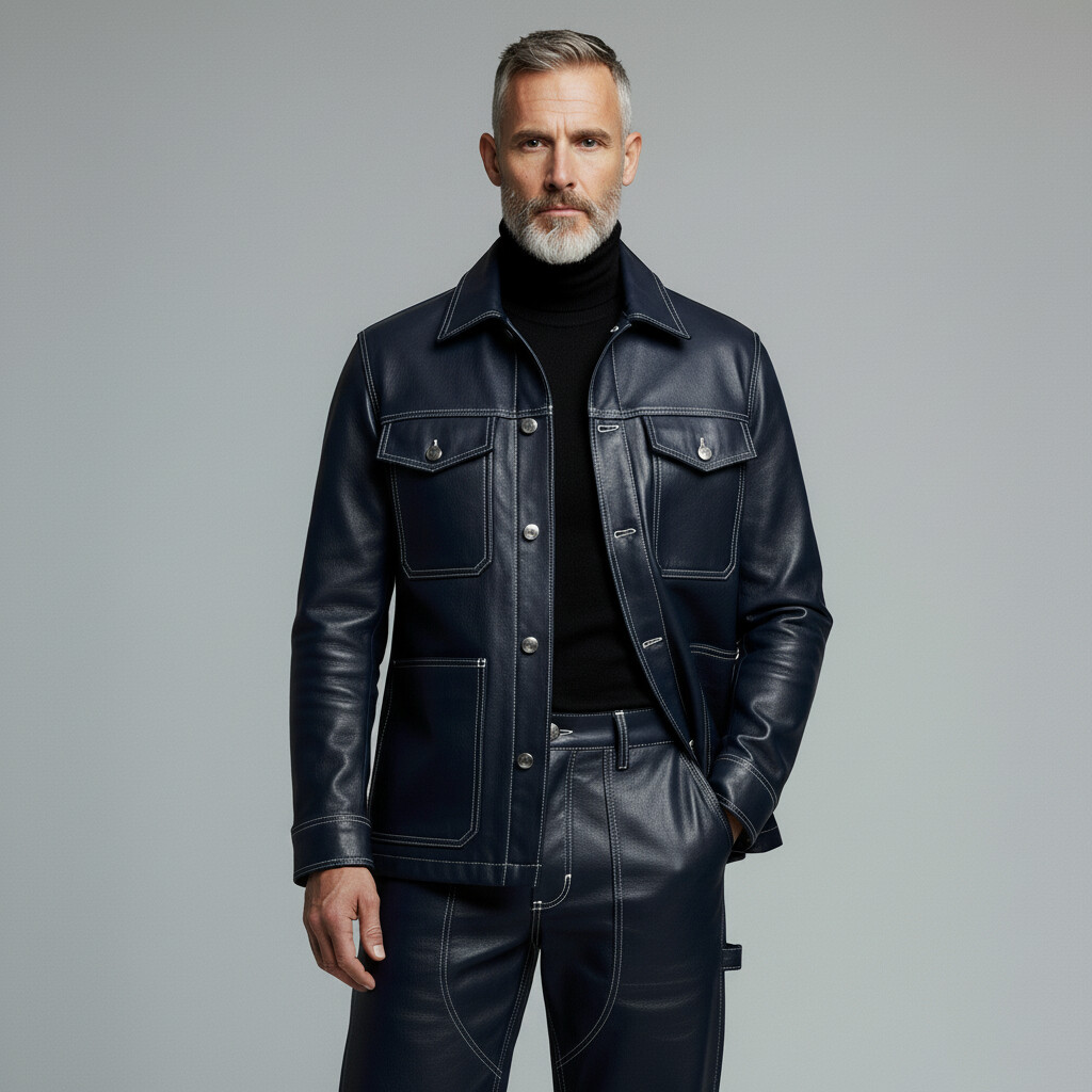 Men's Navy Blue PU Leather Contrast Stitched Button Flap Pockets Long Sleeve Trucker Jacket