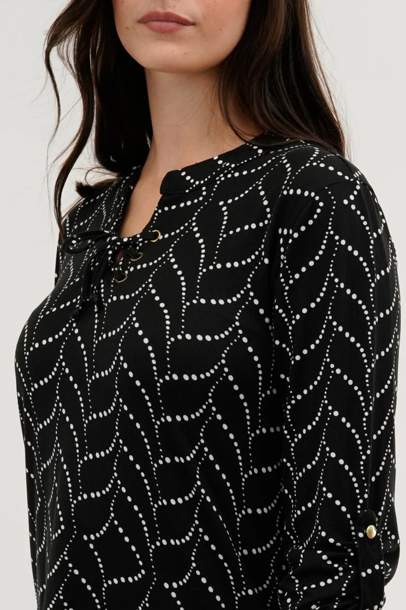 Patterned Lace Up Blouse - Black