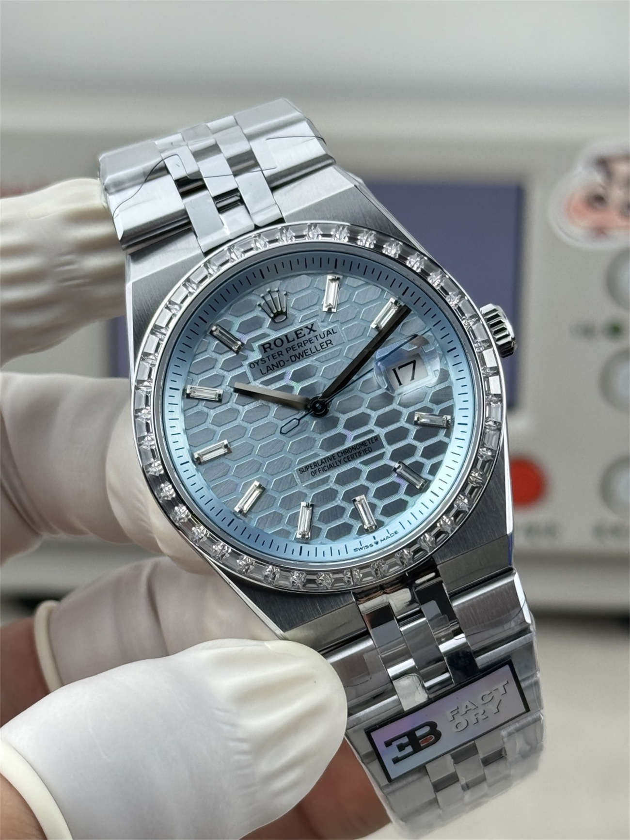 3B Factory Rolex Land-Dweller 127386TBR-0001 Replica – Platinum Look, Diamond Bezel & 163g Full Weight