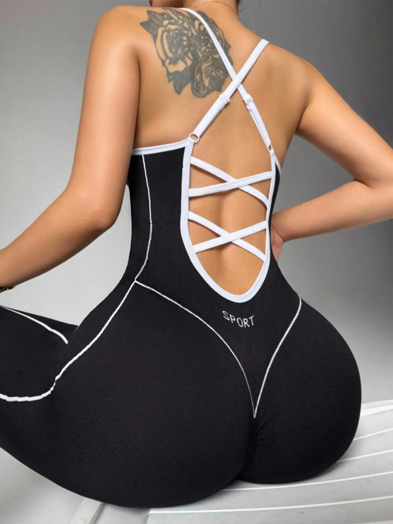 Women's Seamless High Stretch Knit Halter Sporty Jumpsuit Tight Fit Nine-Quarter Pants, Back Cross Shoulder Straps, Outdoor Cycling Gym Yoga Daily Wear