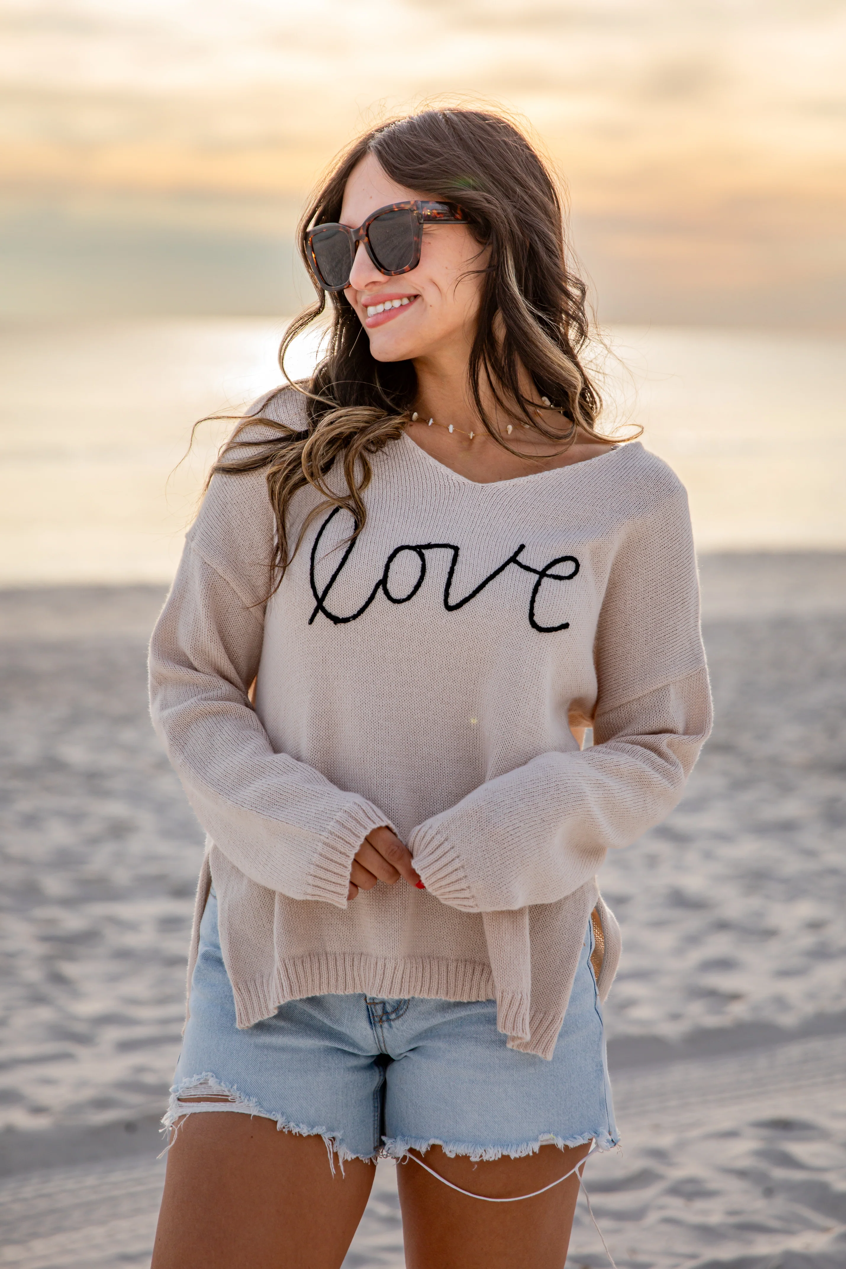 FINAL SALE - All My Love Script Beige Knit Top
