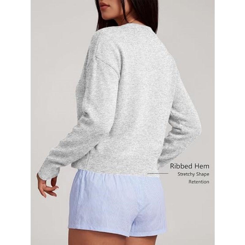 Women Cropped Knit Cardigan Long Sleeve Button Down Crew Neck Lightweight Fall Casual Knit Sweater Outerwear