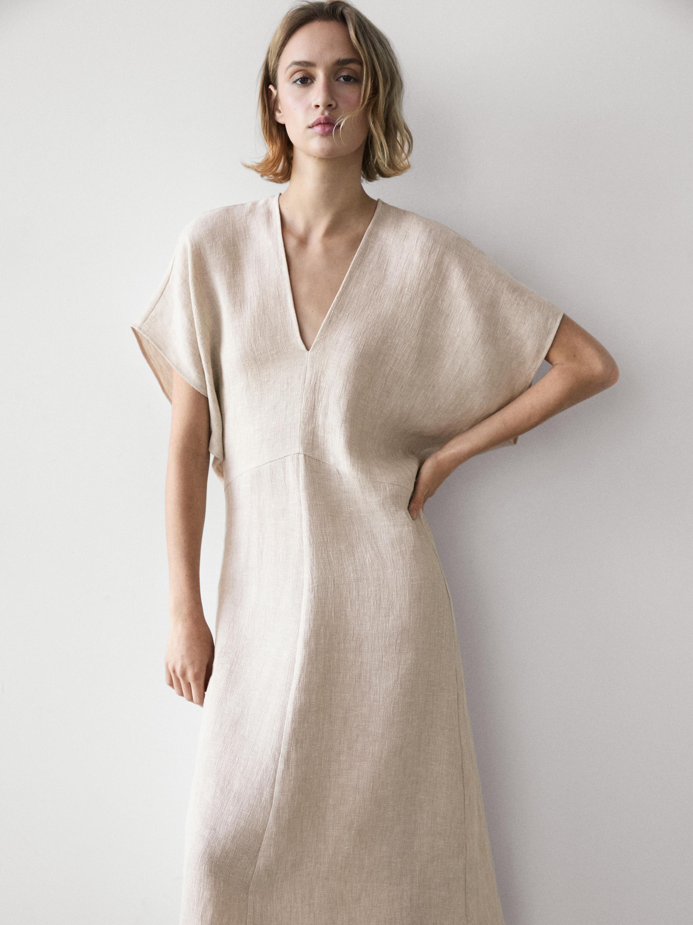 Vestido midi ligero manga corta lino