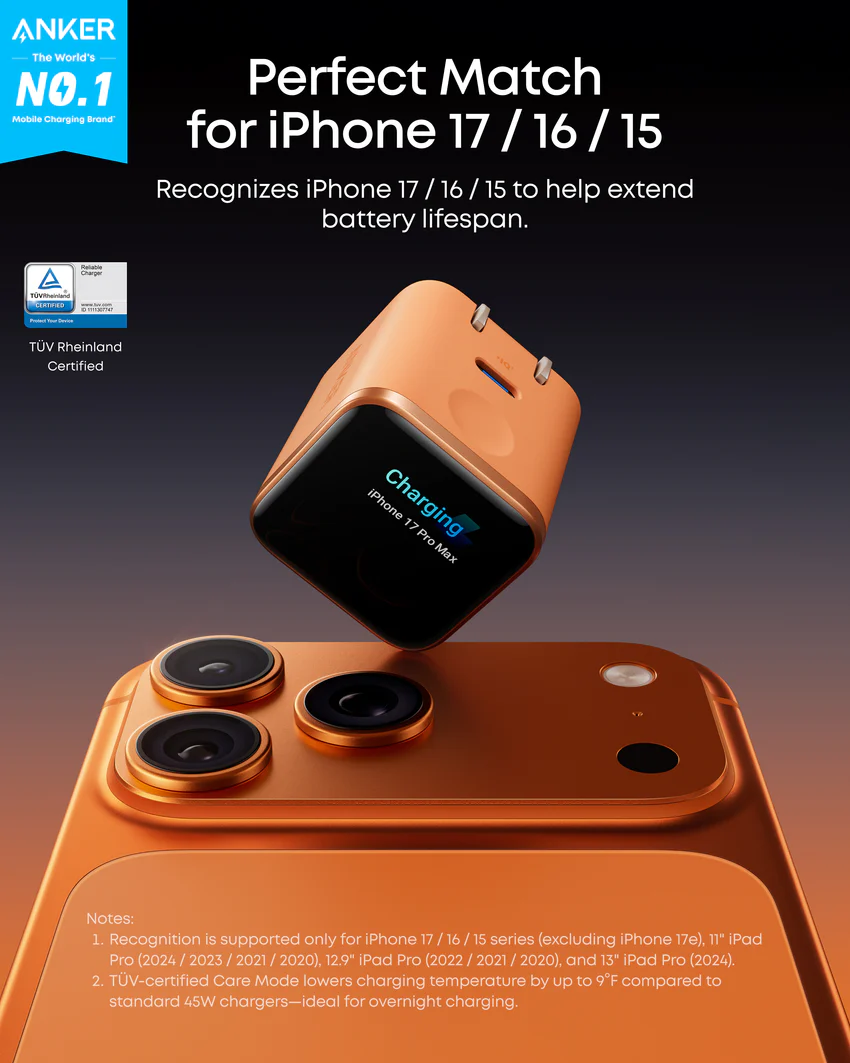 Anker Nano Charger (45W, Smart Display, 180° Foldable, 3-Pack)