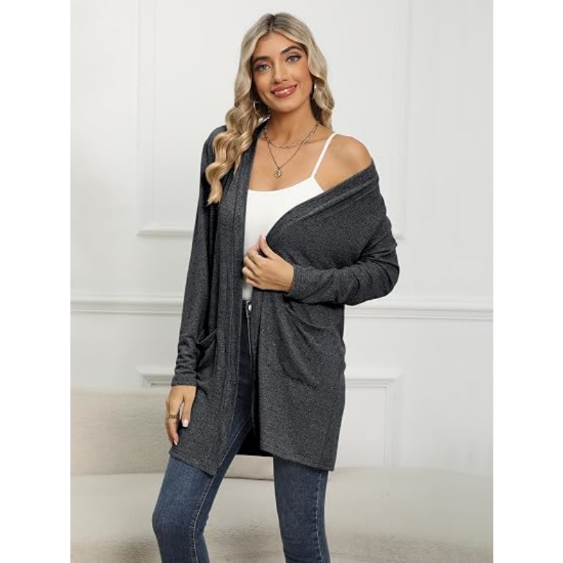 Women Lightweight Open Front Cardigan Long Sleeve Mid‑Length Casual Knit Sweater Cardigan with Side Pockets
