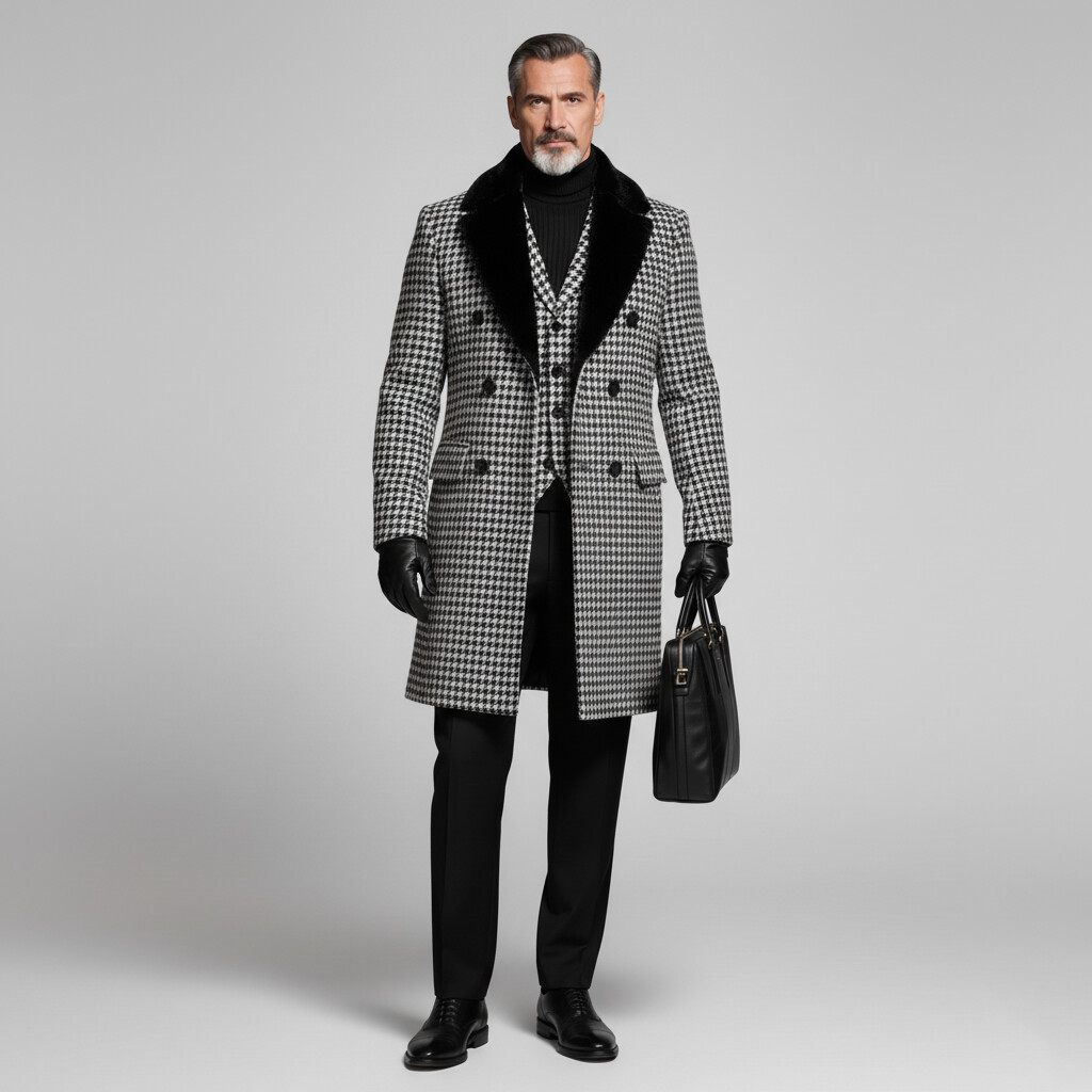 Men's Black Furry Collar Double Breasted Long Sleeve Houndstooth Pattern Mid-Length Overcoat