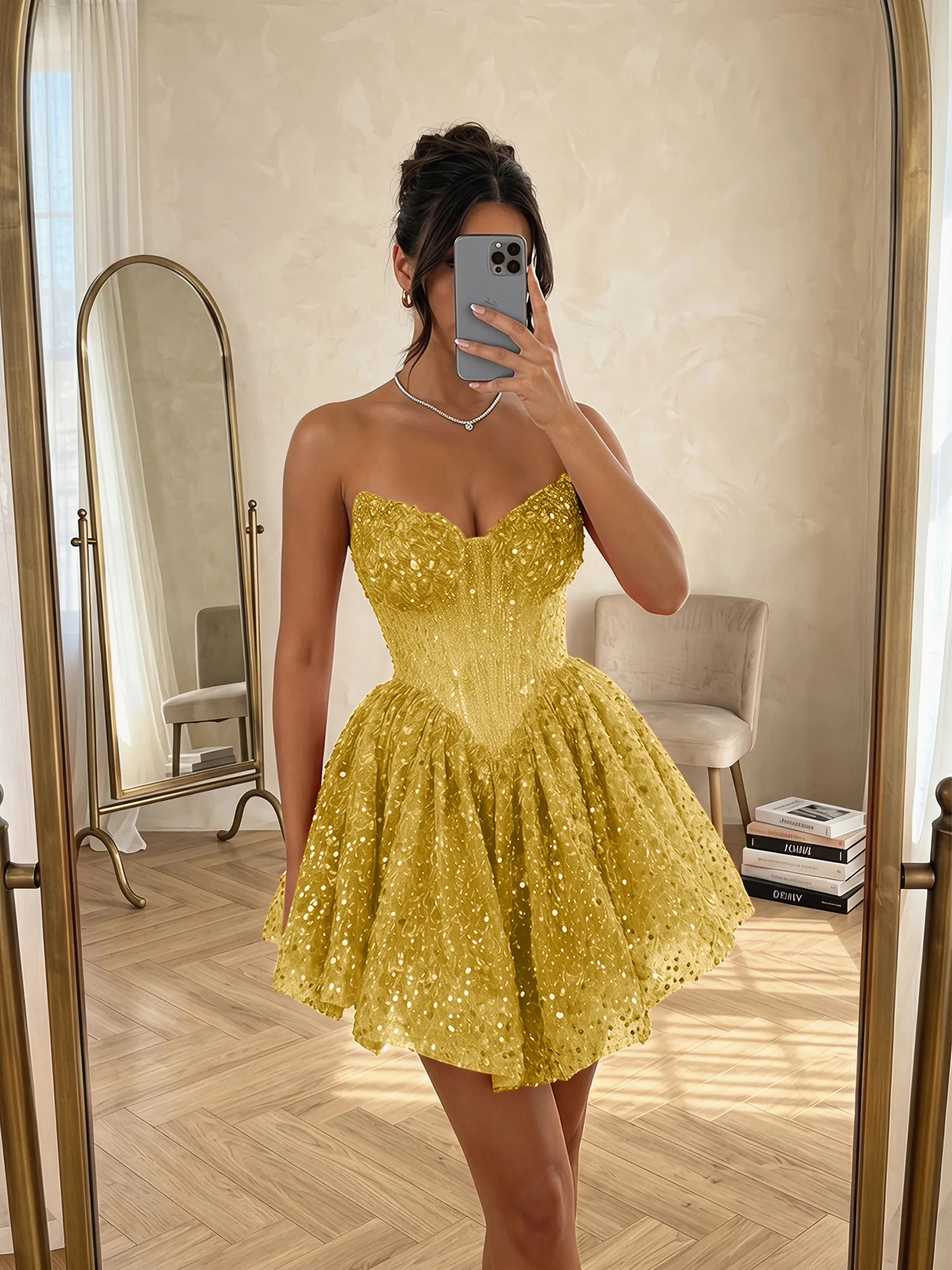 Sequin Strapless Sweetheart Mini Homecoming Dress with Ruffled Skirt
