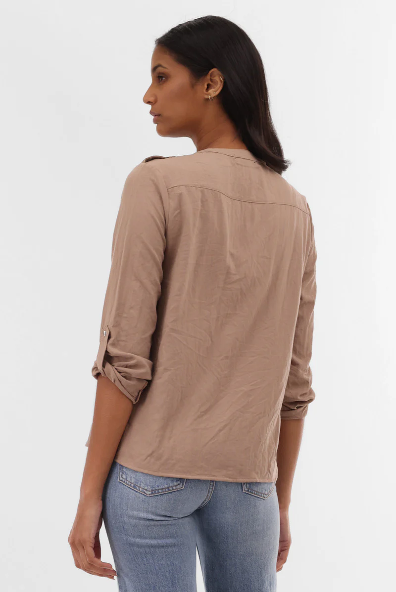 Roll Up Sleeve Utility Pocket Blouse - Taupe