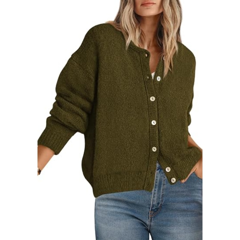 Women Fall Crewneck Button‑Down Knit Cardigan Long Sleeve Drop‑Shoulder Loose Cropped Textured Knit Outerwear