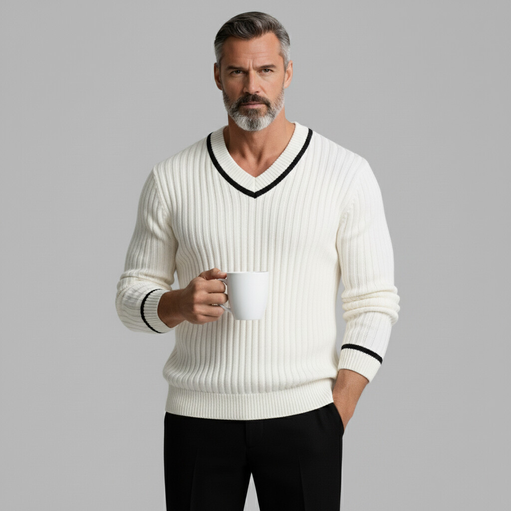 Men's Casual White Contrast Trim V Neck Long Sleeve Ribbed Knit Sweater