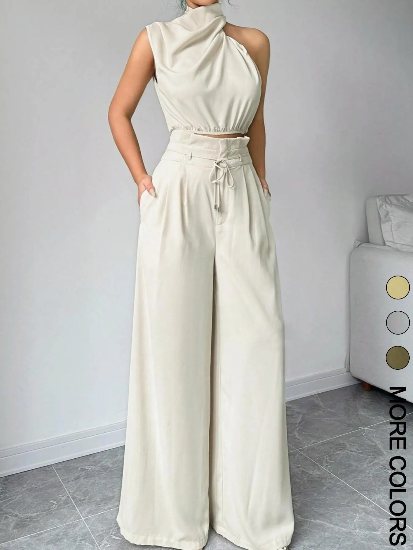 Women's Elegant Two-Piece Set, Irregular Crop Top & Wide-Leg Pants