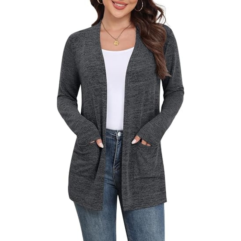 Women Lightweight Open Front Cardigan Long Sleeve Thumb‑Hole Cuffs Mid‑Length Casual Sweater Cardigan with Side Pockets S‑L