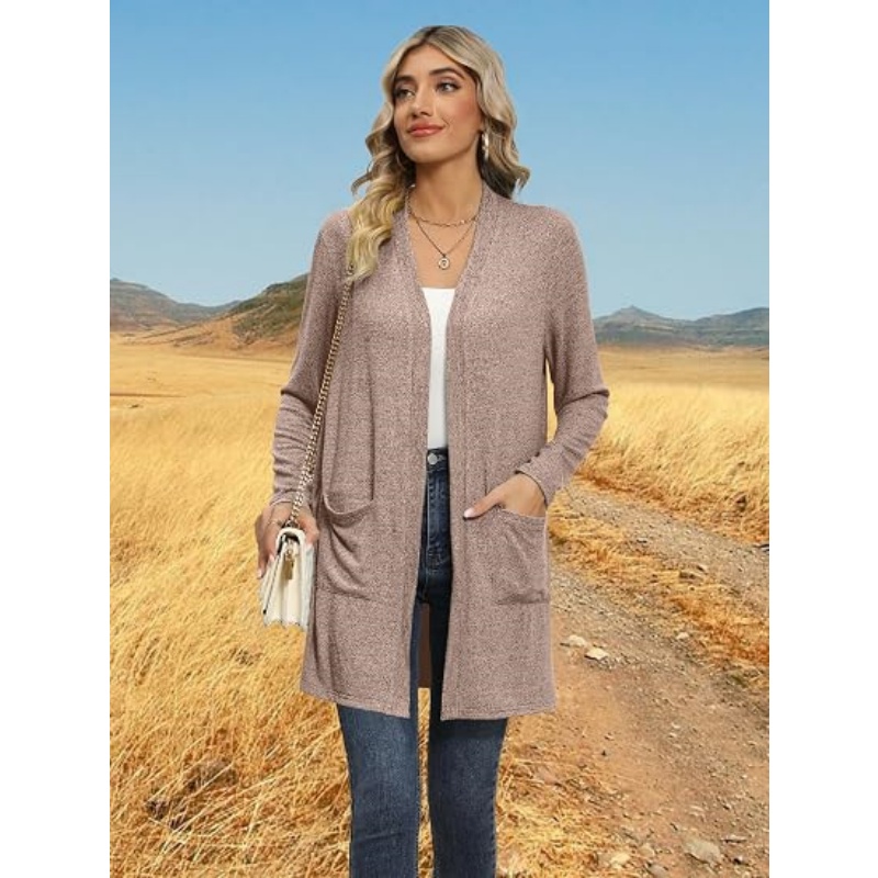 Women Lightweight Open Front Cardigan Long Sleeve Mid‑Length Casual Knit Sweater Cardigan with Side Pockets