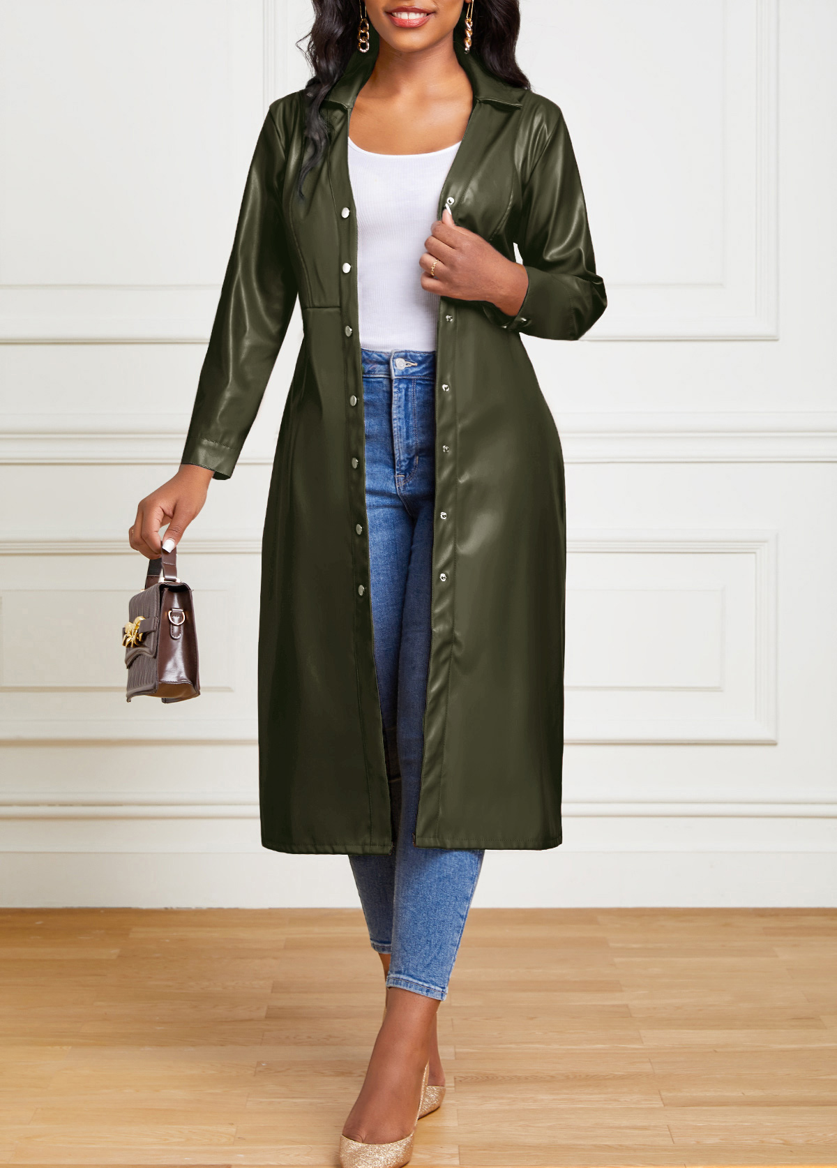 Belted Faux Leather Snap Button Dress