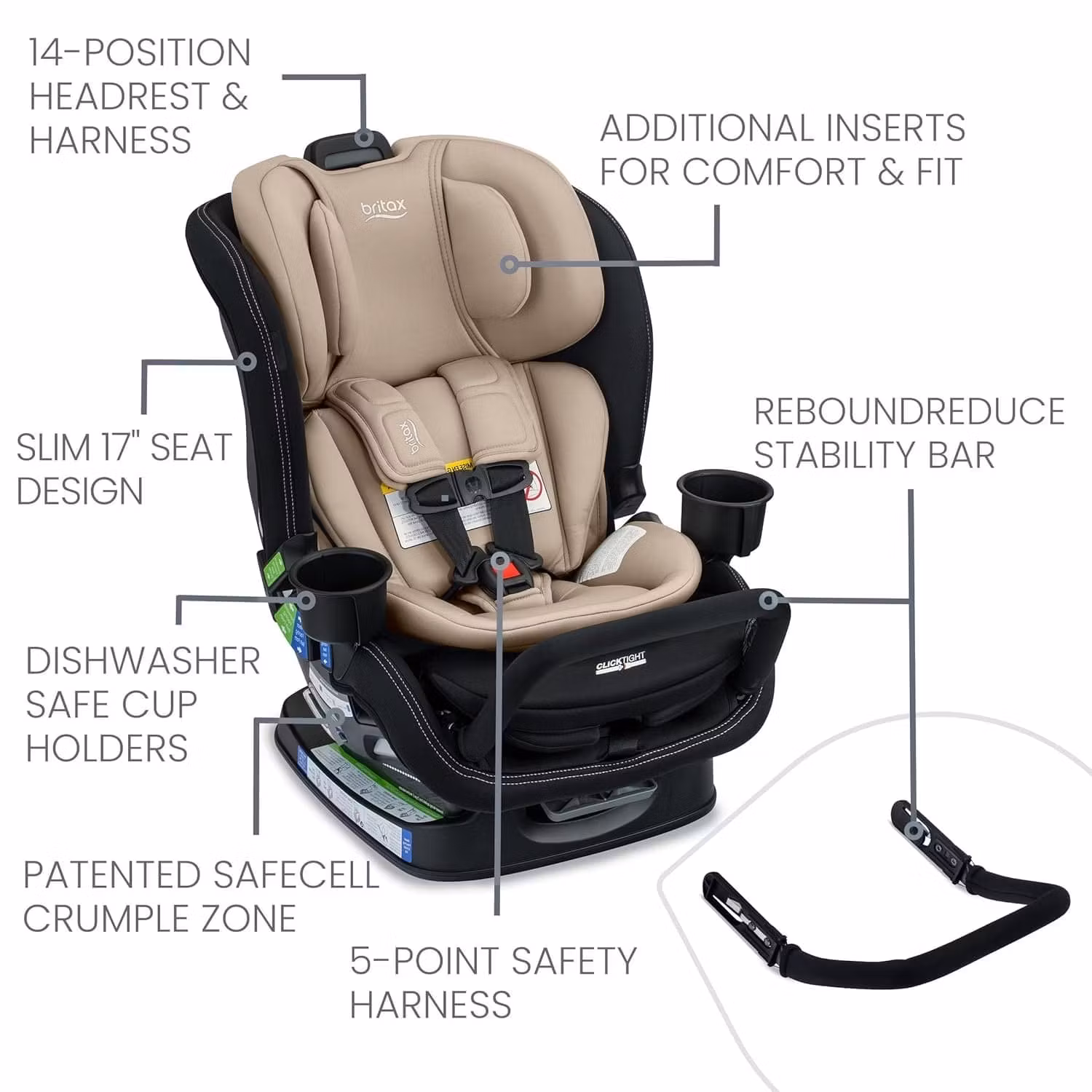 Britax Poplar S ClickTight Convertible Car Seat, Slim 17-Inch Design - Sand Onyx