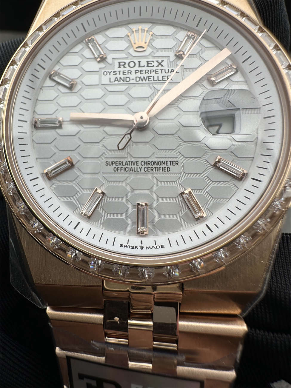 3B Factory Rolex 127385TBR 0003 Replica – Rose Gold Diamond Bezel Honeycomb Dial